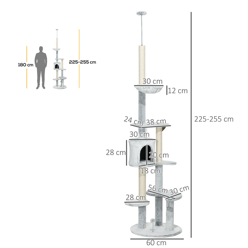 Arranhador para Gatos de 255 cm Torre para Gatos de Teto com Altura Ajustável Caverna Plataformas Rede Postes de Arranhar e Bolas Suspensas Ø60x225-255 cm Cinza