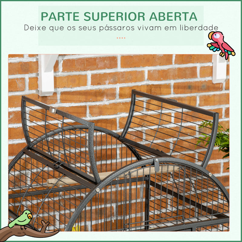 Gaiola para Pássaros Gaiola de Metal para Aves com 2 Portas Poleiros Bandeja Amovível e 4 Rodas 80x76,5x168 cm Cinza Escuro