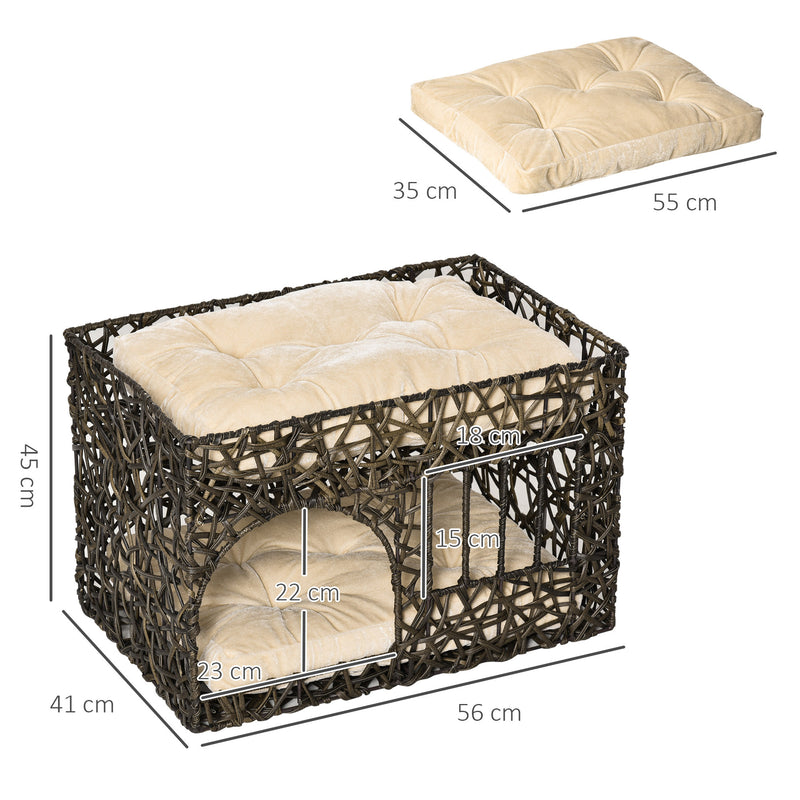 Cesta de Vime para Gatos de 2 Alturas Cama Caverna de Gatos com 2 Almofadas Suaves e Janela 56x41x45cm Café Escuro