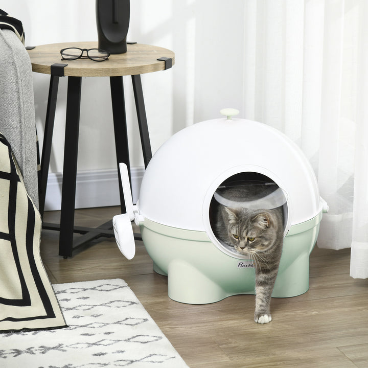 Caixa de Areia para Gatos Fechada Desmontável Caixa de Areia para Gatos de Plástico com Pá Carga Máxima 4 kg 53x51x48 cm Verde Claro e Branco