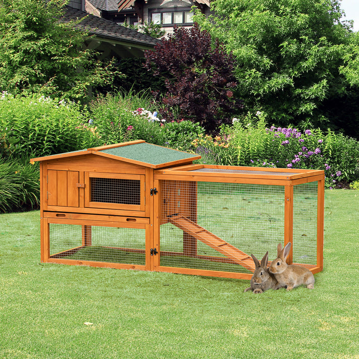 Coelheira de Madeira Exterior Gaiola para Coelhos de 2 Níveis com Teto Asfáltico 2 Áreas Cercadas Bandeja Removível 2 Portas Janela e Rampa 157,4x53x93,5cm Madeira Natural