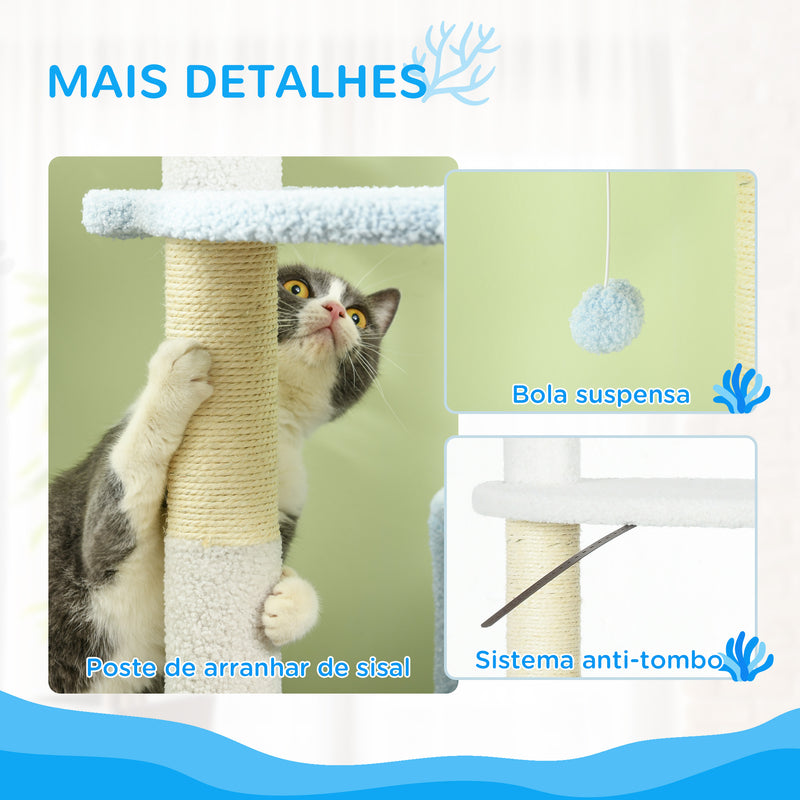 Arranhador para Gatos Grande de 155 cm Torre para Gatos com Postes de Sisal Caverna Cama Rede e Bola de Brinquedo Ø54,5x155 cm Branco e Azul