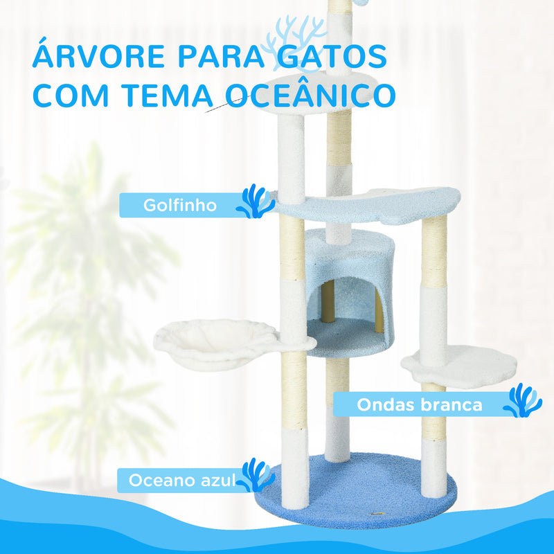 Arranhador para Gatos Grande de 155 cm Torre para Gatos com Postes de Sisal Caverna Cama Rede e Bola de Brinquedo Ø54,5x155 cm Branco e Azul