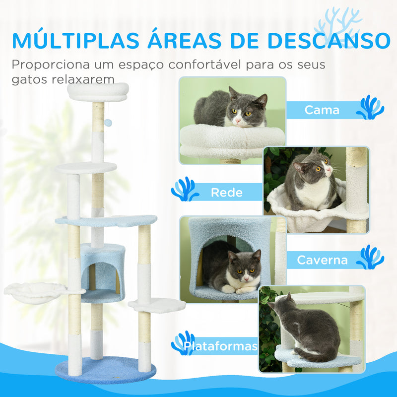 Arranhador para Gatos Grande de 155 cm Torre para Gatos com Postes de Sisal Caverna Cama Rede e Bola de Brinquedo Ø54,5x155 cm Branco e Azul