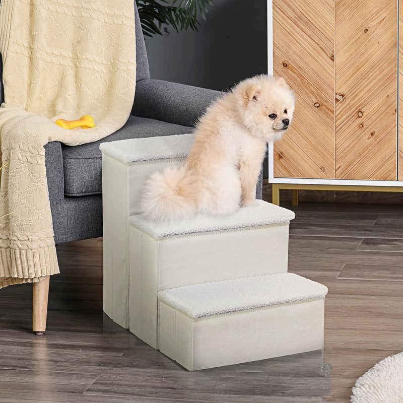 Escada para Animais de Estimação de 3 Degraus Dobrável com Tampa e Espaço de Armazenamento Escada para Cães Gatos Pequenos para Cama Sofá 40x54x48cm Branco