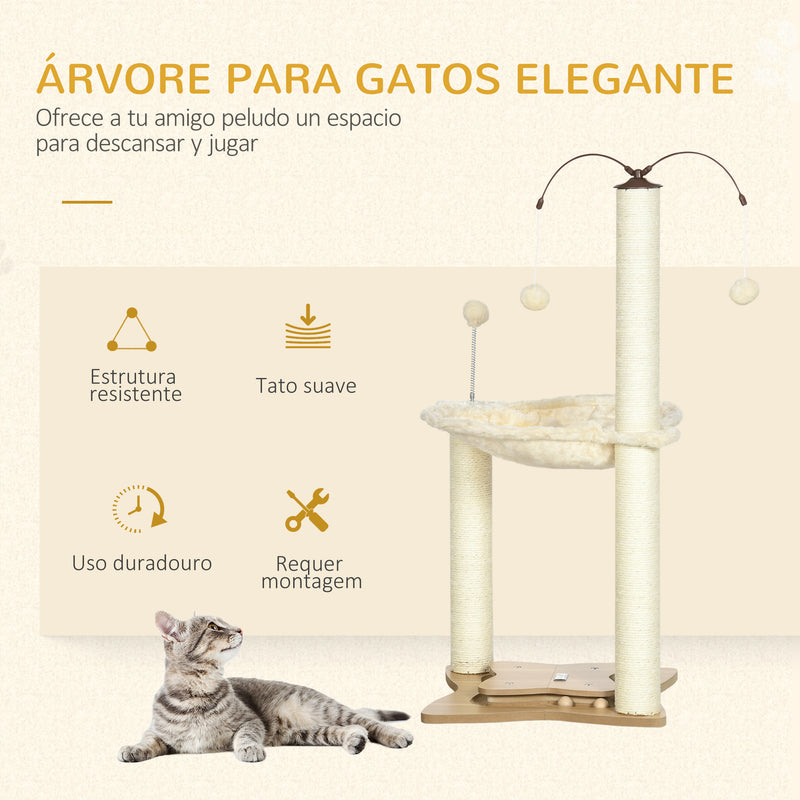 Árvore Arranhador para Gatos com Rede Postes de Sisal Altura 90cm Torre para Gatos com Bolas Suspensas Giratórias e Múltiplos Jogos 53,5x53,5x90cm Bege