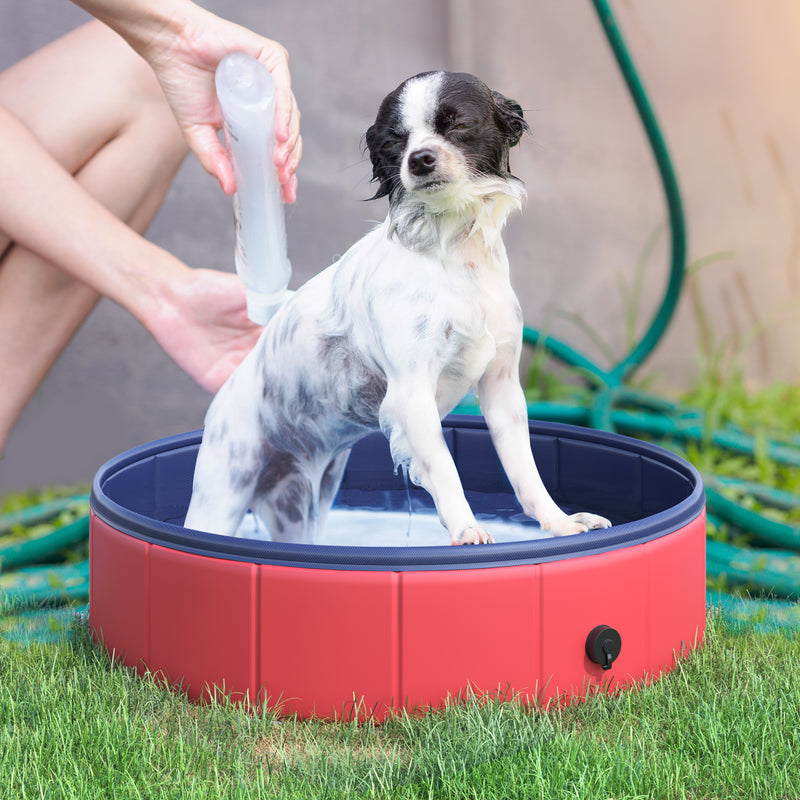 Piscina Dobrável para Cães Gatos Banheira Portátil para Animais de Estimação PVC Antiderrapante Ø80x20 cm Vermelho