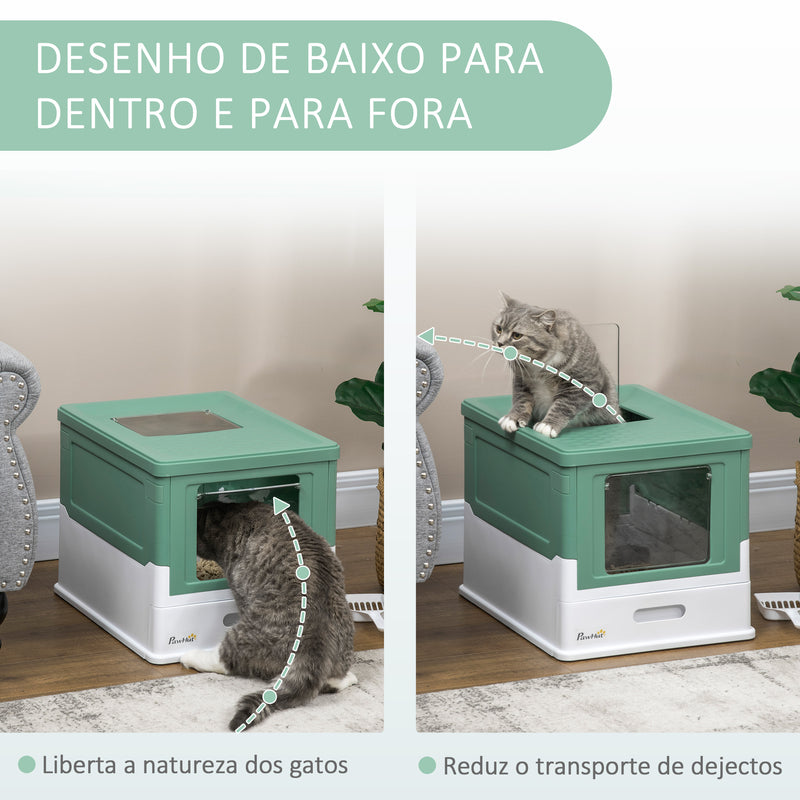 Caixa de Areia para Gatos Dobrável Caixa de Areia para Gatos Fechada com Cobertura Desmontável Bandeja Removível Teto Rebatível Porta de Entrada e Pá 47,5x35,5x36,7cm Verde