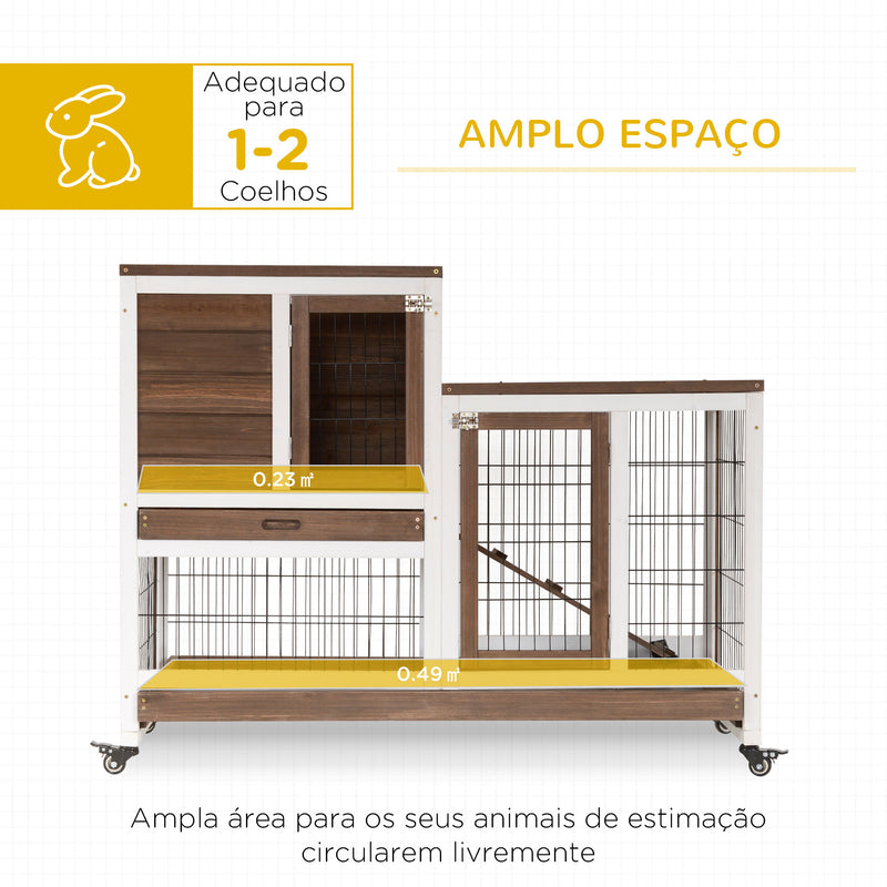 Coelheira de Madeira Interior com Rodas Gaiola para Coelhos Animais Pequenos de 2 Pisos com Área Aberta Rampa e 2 Bandejas Removíveis 110x50x86cm Marrom