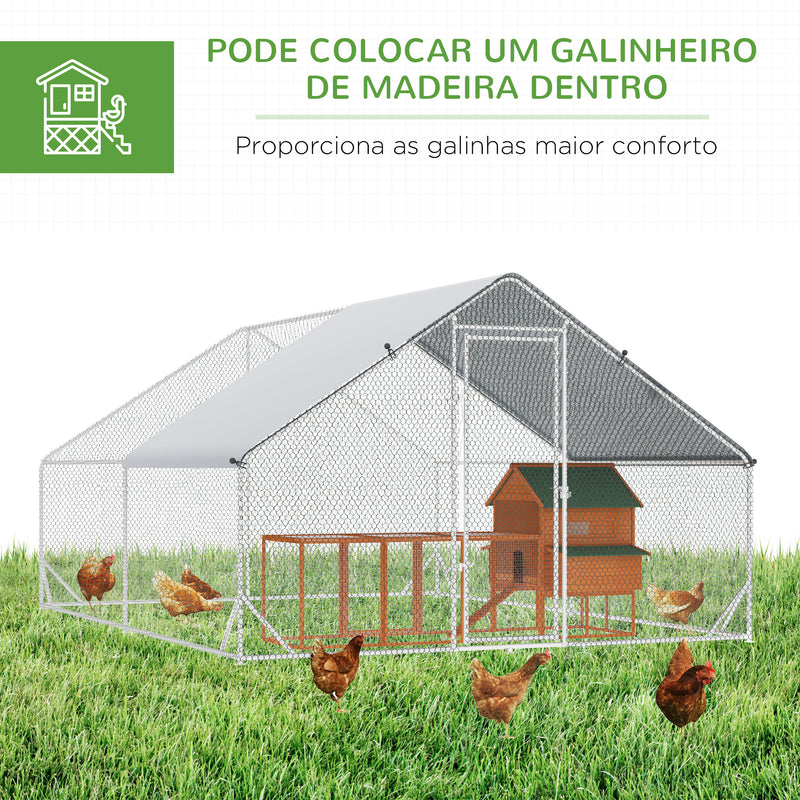 Galinheiro de Exterior Grande 3x4x2m Gaiola para 8-12 Galinhas de Aço Galvanizado com Teto de PE e Fechadura para Coelhos Prata