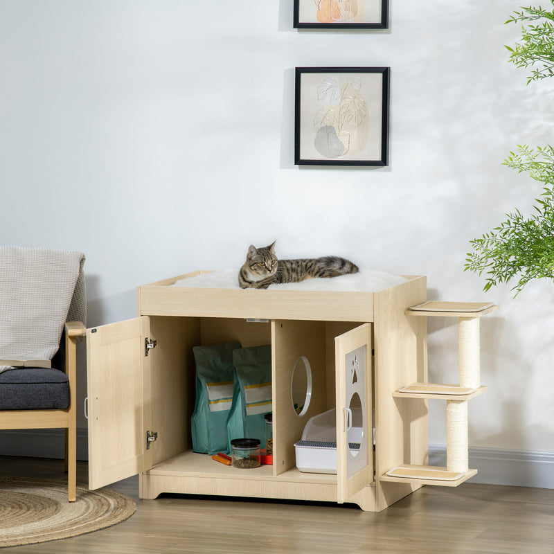 Caixa de Areia para Gatos de Madeira com 2 Portas Móvel para Caixa de Areia com Cama Almofada Suave 3 Plataformas e Postes de Sisal 107x54x70cm Carvalho