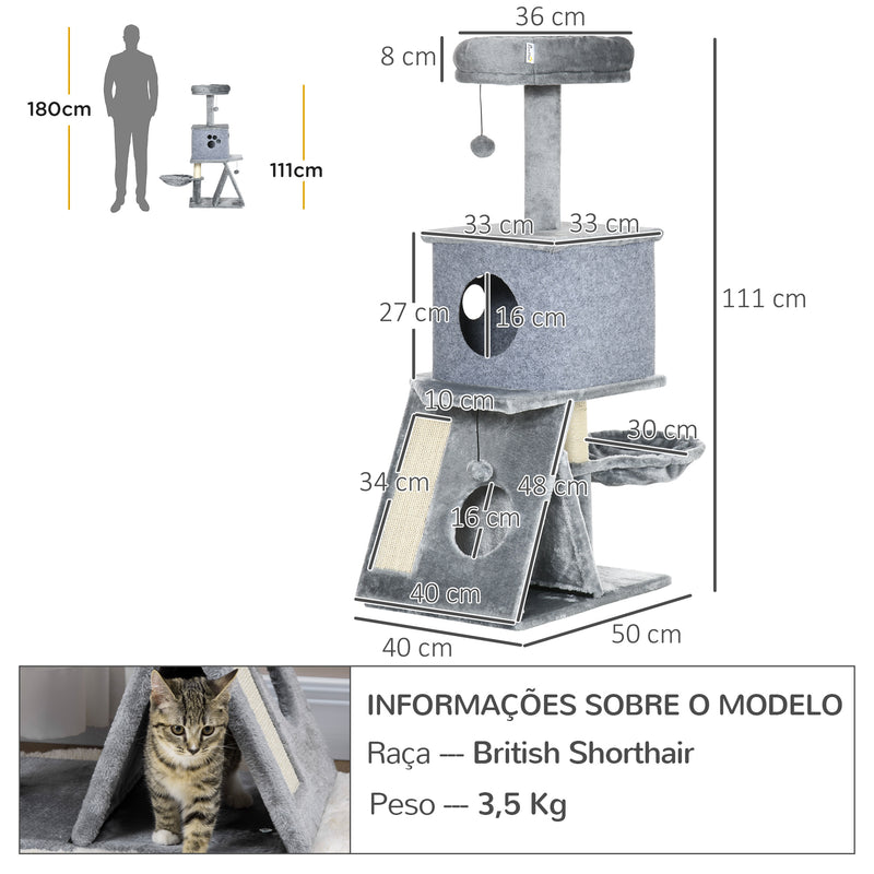 Árvore Arranhador para Gatos Altura 111cm Torre para Gatos com Cama Caverna Rede Bola Suspensa Postes e Rampa de Sisal 50x40x111cm Cinza