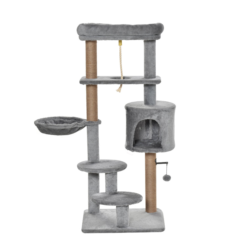 Arranhador para Gatos Altura 120 cm Torre para Gatos com Plataforma Caverna Rede Postes de Juta Corda e Bola Suspensa 48x48x120 cm Cinza