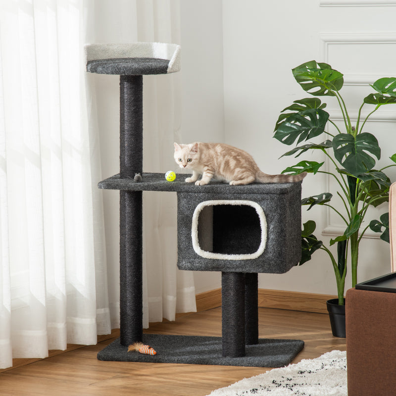 Árvore para Gatos Torre de Escalada para Gato com Caverna Várias Plataformas e Postes Arranhadores de Sisal Natural Centro de Atividades 70x41x112cm Cinza Escuro