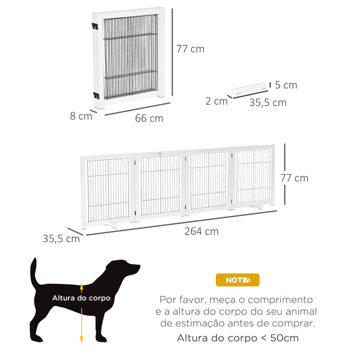 Barreira de Segurança Dobrável para Cães Barreira de Proteção com 4 Painéis para Animais de Estimação com Pés para Portas Escadas Corredores 264x35,5x77cm Branco