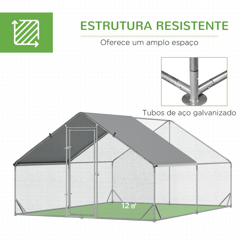 Galinheiro de Exterior Grande 3x4x2m Gaiola para 8-12 Galinhas de Aço Galvanizado com Teto de PE e Fechadura para Coelhos Prata