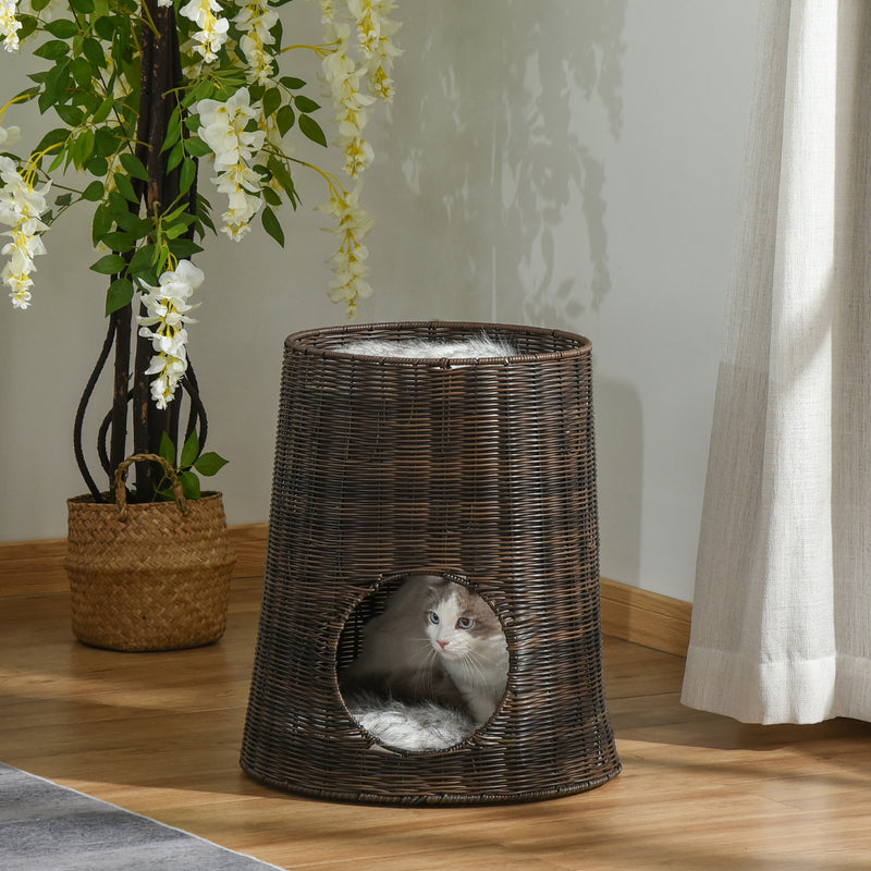 Cesta de Vime para Gatos Cama Caverna de 2 Níveis com Almofadas Laváveis Ø45x50cm Marrom