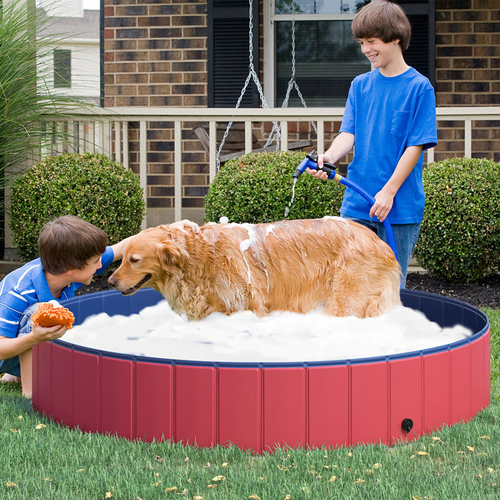 Piscina Dobrável para Cães Gatos Banheira Portátil para Animais de Estimação PVC Antiderrapante Múltiplo Uso para Interior e Exterior Ø160x30 cm Vermelho