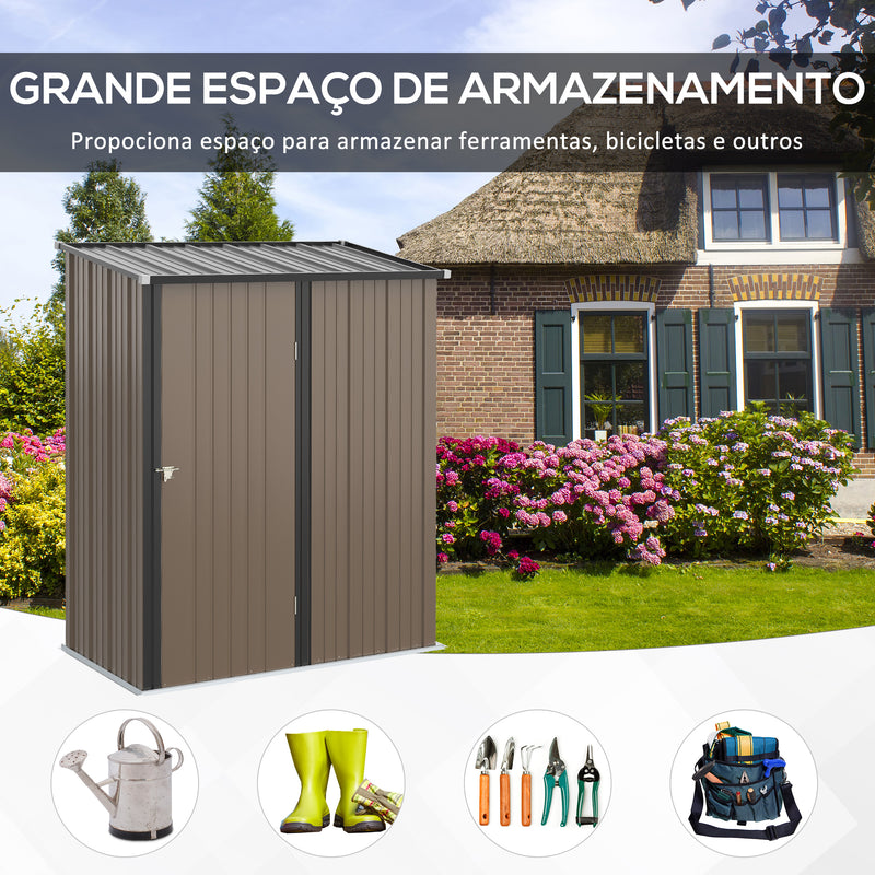 Abrigo de Jardim 1,34m² 161,5x94,5x196cm Abrigo de Exterior de Aço Galvanizado com Porta e Fechadura para Armazenamento de Ferramentas Marrom