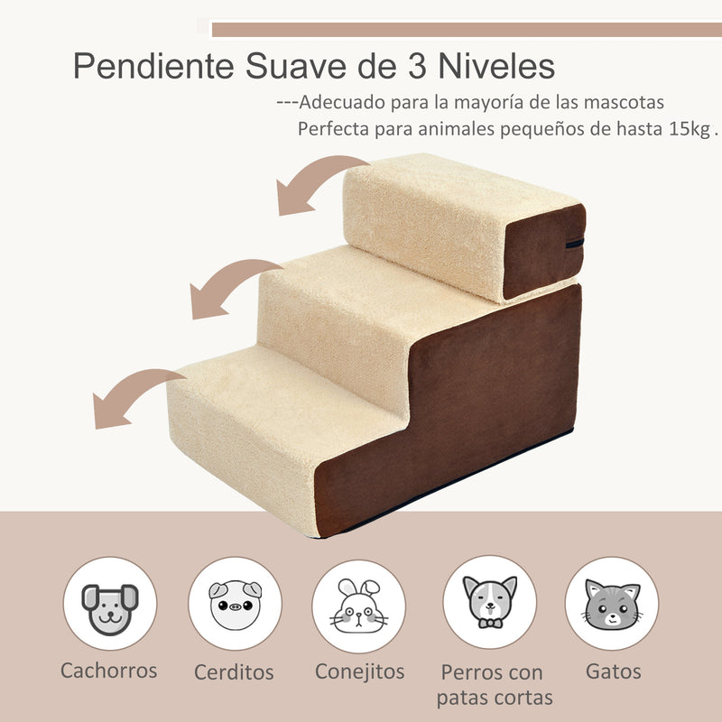 Escada de 3 degraus para animais de estimação Cães Gatos destacável e capa removível portátil Carga 5 kg 54x40x39 cm Marrom e bege