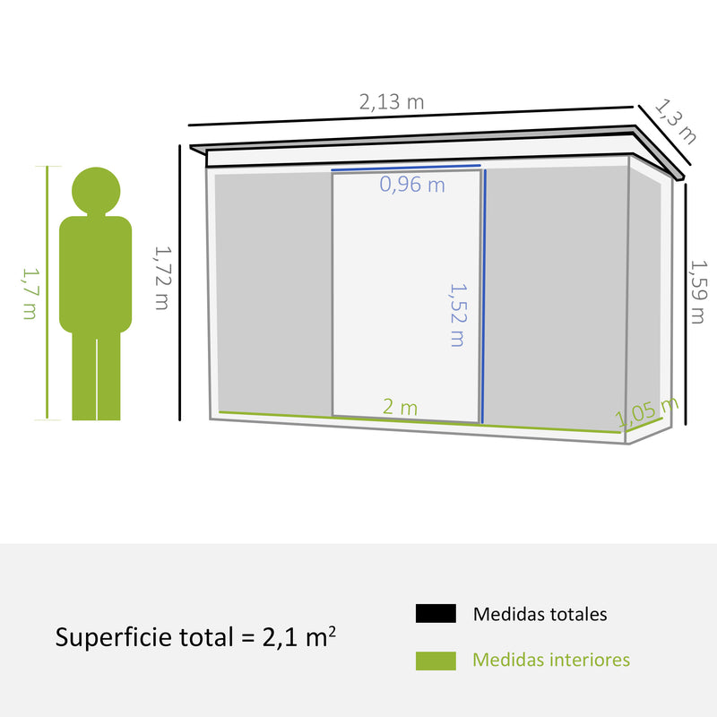 Abrigo de Jardim 213x130x173cm Abrigo de Exterior de Aço Galvanizado com Porta Corredeira e Ventilações para Armazenamento de Ferramentas Verde