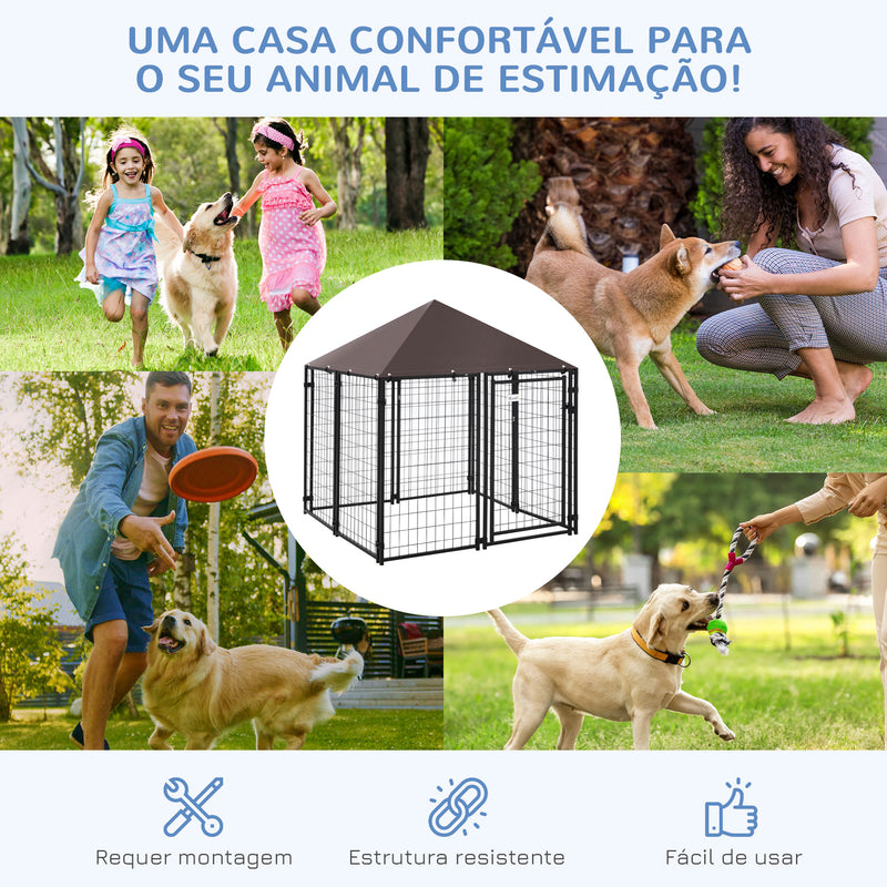 Parque para Animais de Estimação com Teto 141x141x153cm Canil para Cães de Jardim com Malha de Metal e Porta com Fechadura para Pátio Varanda Preto