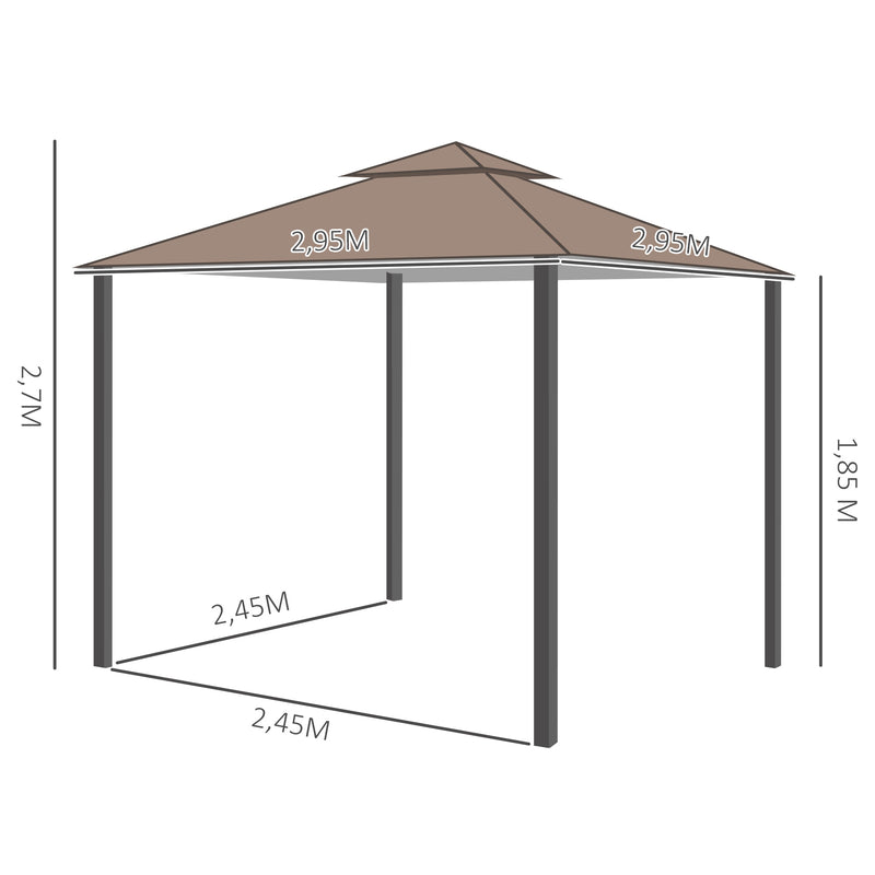 Pérgola de Jardim 295x295x270 cm Pérgola com Teto Duplo e Rede Mosquiteira com Zíper para Eventos Festas Casamentos Marrom e Branco