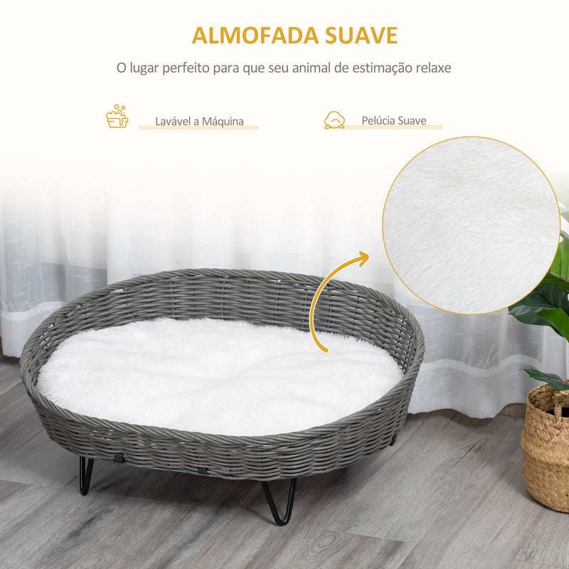 Cama para Cães e Gatos de Vime Cama de Vime para Animais de Estimação Médios e Pequenos com Almofada Lavável e Pés Elevados 76x59x32cm Cinza