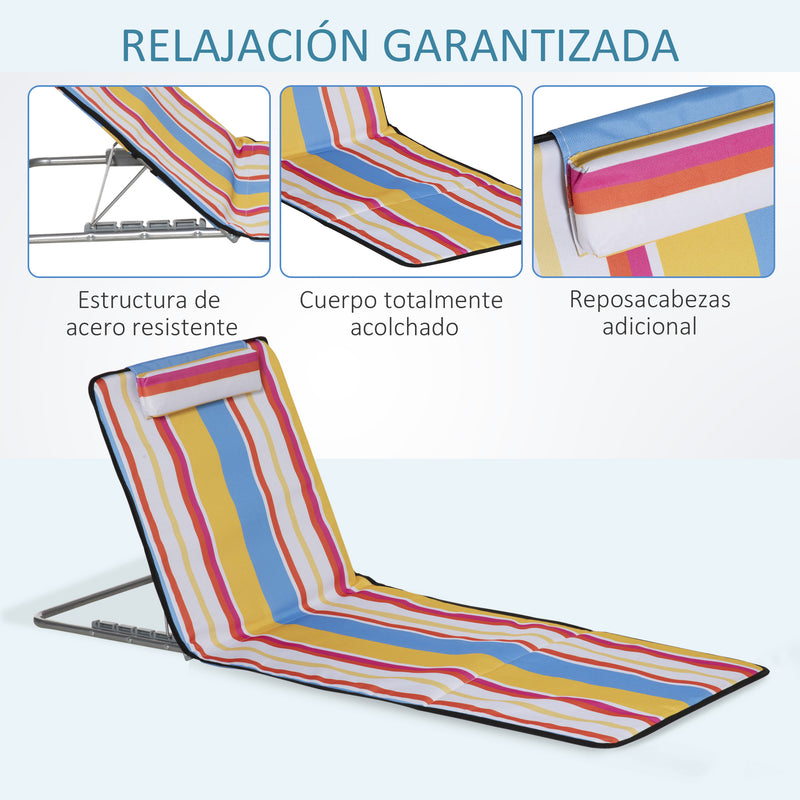 Conjunto de 2 Esteiras de Praia Dobráveis 124x53x50cm com Encosto Ajustável e Apoio para a Cabeça Esteira de Praia Tecido Oxford Aço com Bolsa de Transporte Multicor