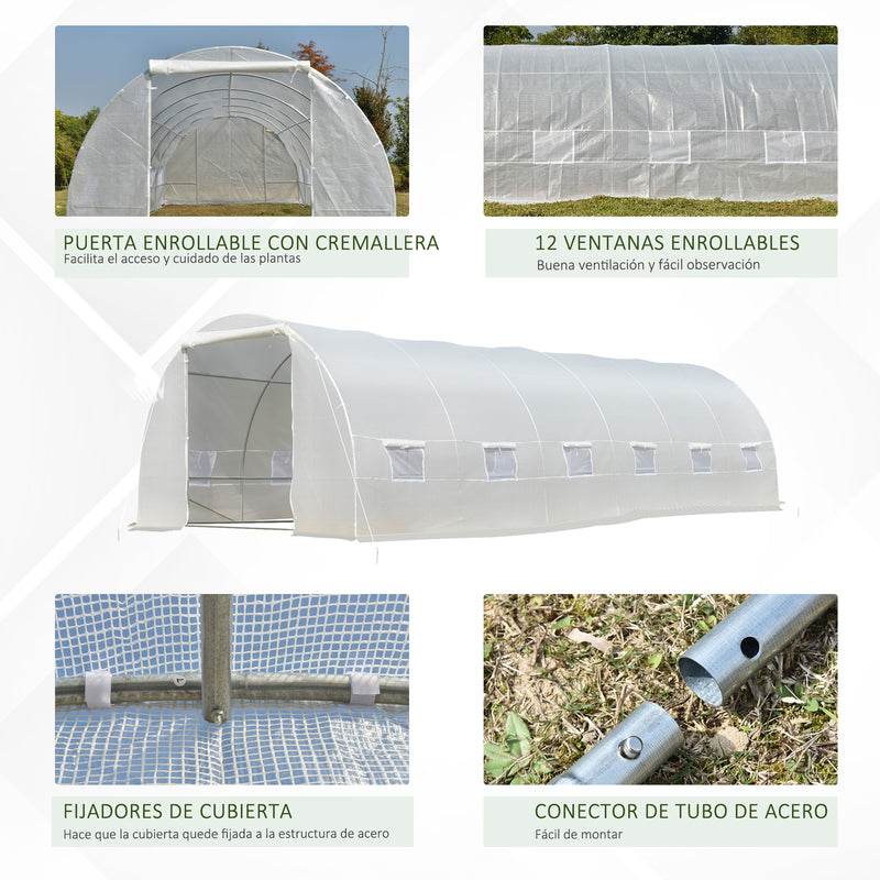 Estufa de jardim Tipo túnel para cultivo com 12 janelas e porta de enrolar Aço e PE 800x300x200 cm Branco