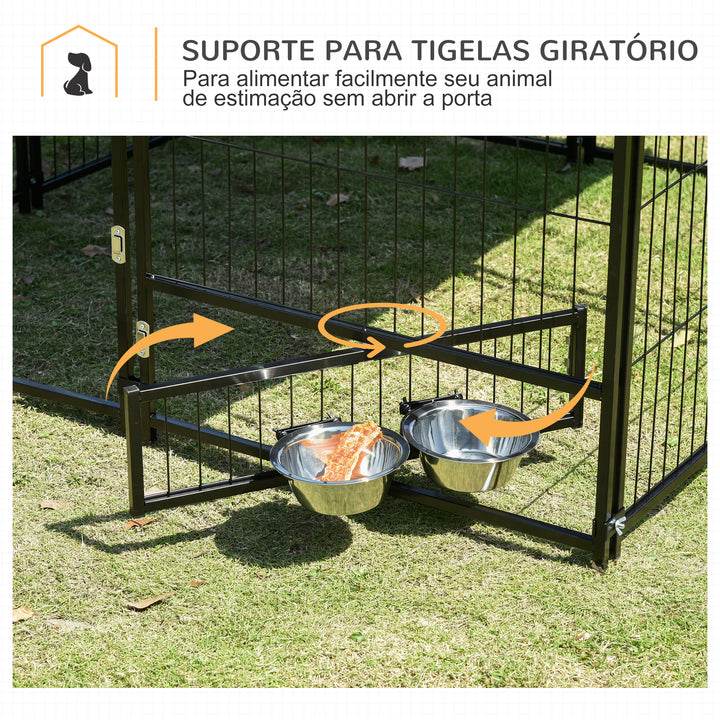 Parque para Cães com Toldo Suporte Giratório 2 Tigelas Incluídas para jardim 141x141x121cm Preto Marrom