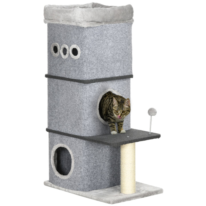 Barril Arranhador para Gatos com 3 Níveis Altura 102cm Torre para Gatos com Casa de Feltro Desmontável Poste de Sisal Cama e Bola de Brincar 60x40x120cm Cinza