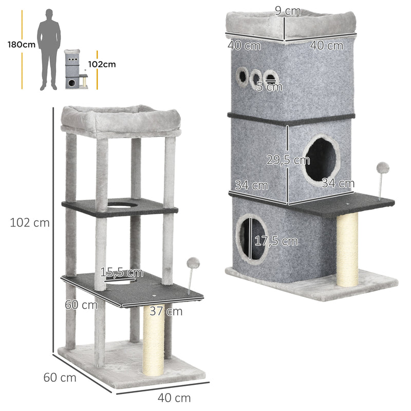 Barril Arranhador para Gatos com 3 Níveis Altura 102cm Torre para Gatos com Casa de Feltro Desmontável Poste de Sisal Cama e Bola de Brincar 60x40x120cm Cinza