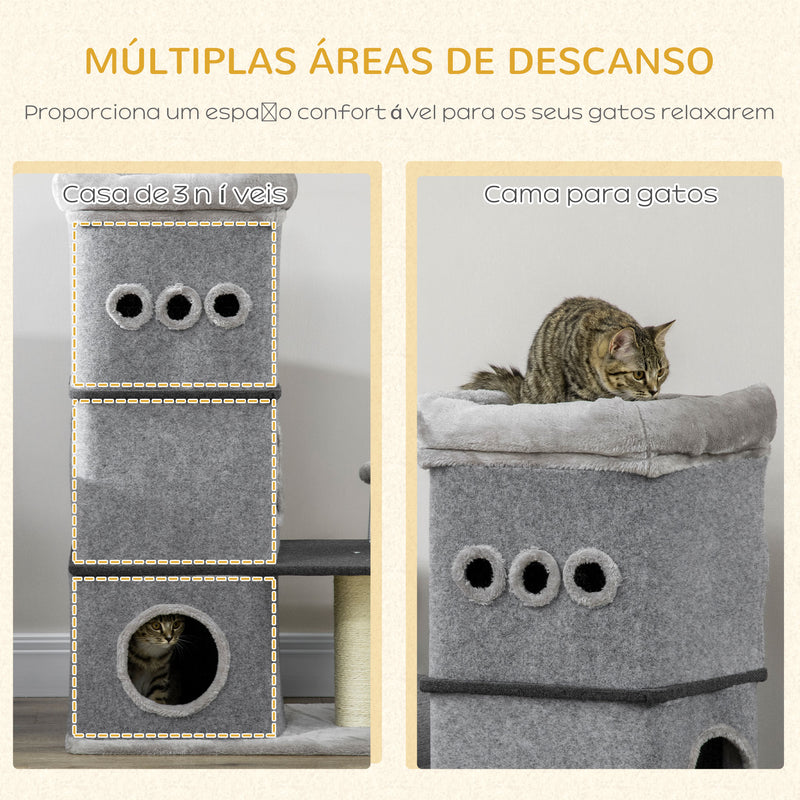 Barril Arranhador para Gatos com 3 Níveis Altura 102cm Torre para Gatos com Casa de Feltro Desmontável Poste de Sisal Cama e Bola de Brincar 60x40x120cm Cinza