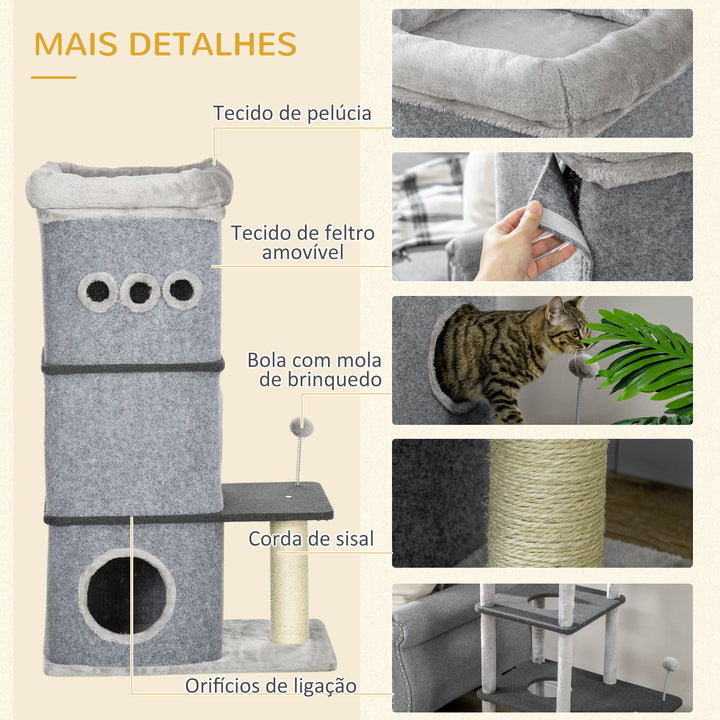 Barril Arranhador para Gatos com 3 Níveis Altura 102cm Torre para Gatos com Casa de Feltro Desmontável Poste de Sisal Cama e Bola de Brincar 60x40x120cm Cinza