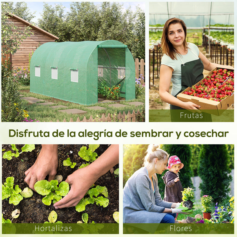 Estufa de Jardim 400x200x200cm Estufa de Túnel com Portas Enroláveis e 6 Janelas Cobertura de PE 140 g/m² Estrutura de Metal para Cultivo de Plantas Verduras Verde