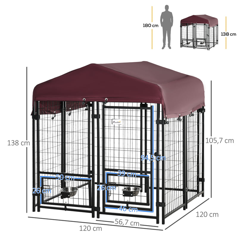 Parque para Animais de Estimação com Toldo de Tecido Oxford Gaiola para Cães 8 Painéis com 2 Comedouros Giratórios Porta com Fechadura para Jardim Exterior 120x120x138cm Preto