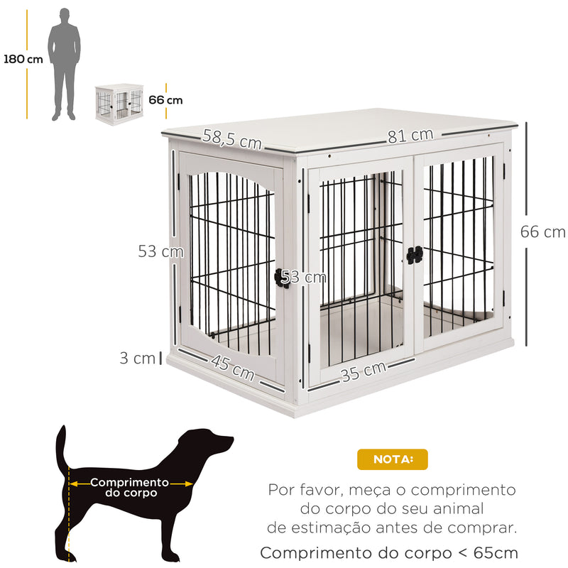 Gaiola para Cães Grande de Madeira com Superfície de Mesa 2 Portas e Grades de Metal 58,5x81x66cm Branco