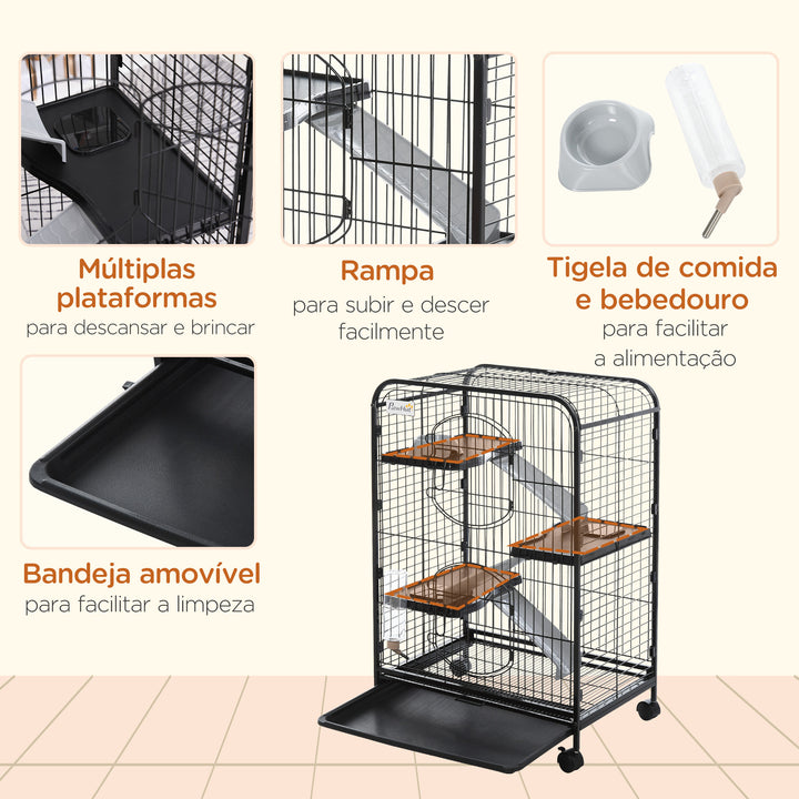 Gaiola para Roedores com Rodas 64x43,5x93cm Gaiola para Animais Pequenos com 2 Portas 3 Plataformas Bandeja Amovível Comedouro e Bebedouro Preto