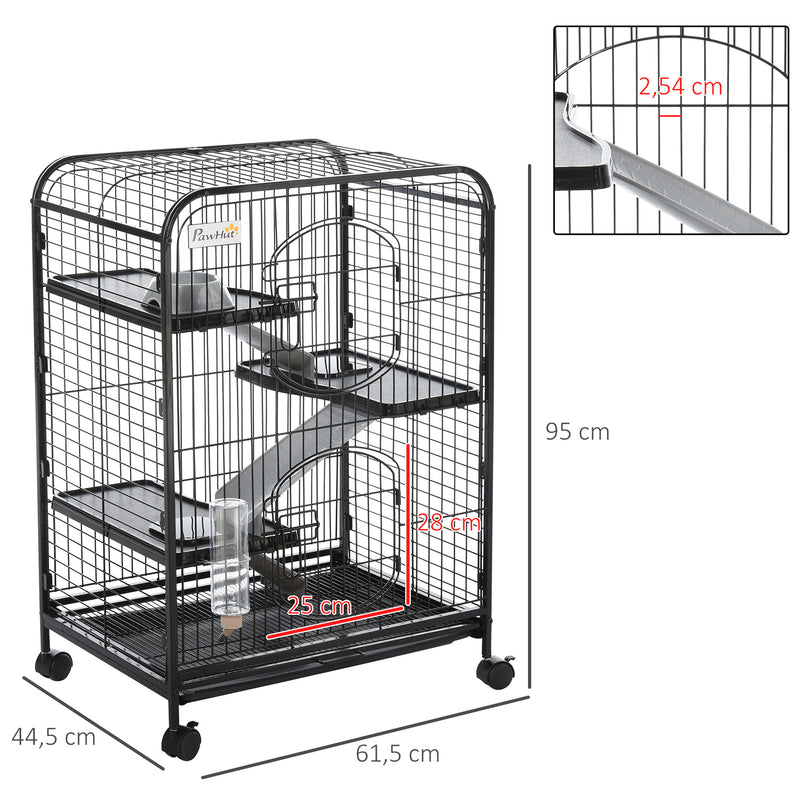 Gaiola para Roedores com Rodas 64x43,5x93cm Gaiola para Animais Pequenos com 2 Portas 3 Plataformas Bandeja Amovível Comedouro e Bebedouro Preto