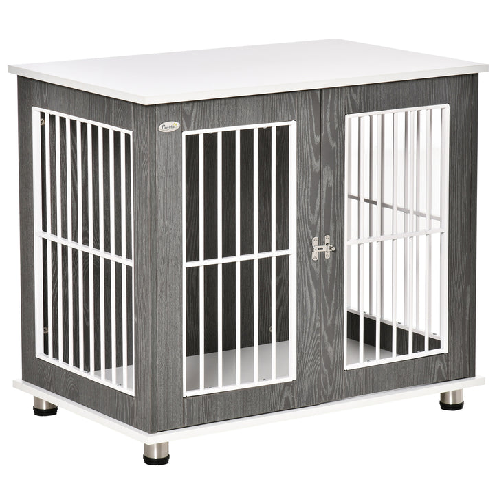 Gaiola para Cães de Madeira Mesa Auxiliar com Bancada de Armazenamento 2 Portas com Fechadura e Grades de Aço Gaiola para Cães de Interior 85x55x75cm Cinza