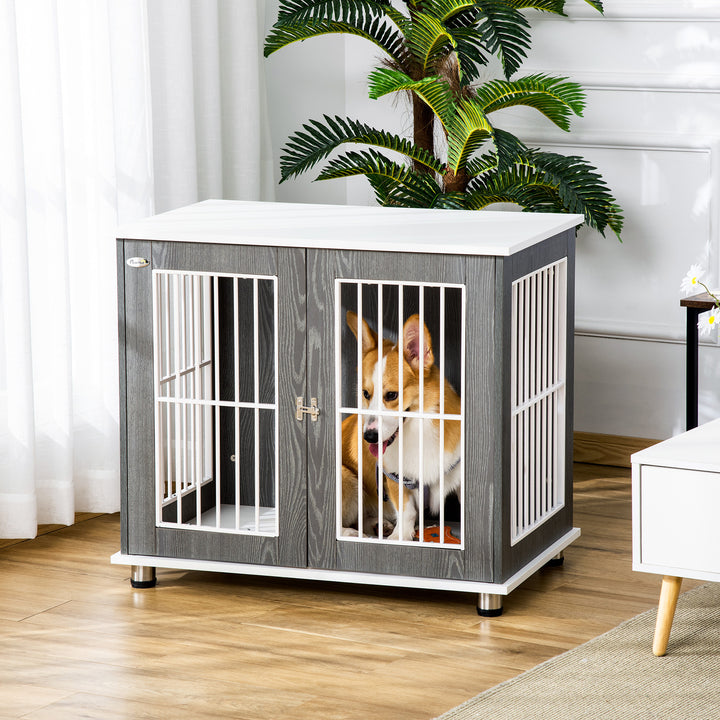 Gaiola para Cães de Madeira Mesa Auxiliar com Bancada de Armazenamento 2 Portas com Fechadura e Grades de Aço Gaiola para Cães de Interior 85x55x75cm Cinza