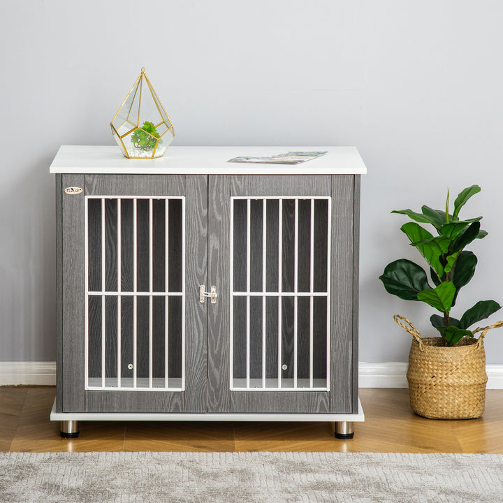 Gaiola para Cães de Madeira Mesa Auxiliar com Bancada de Armazenamento 2 Portas com Fechadura e Grades de Aço Gaiola para Cães de Interior 85x55x75cm Cinza