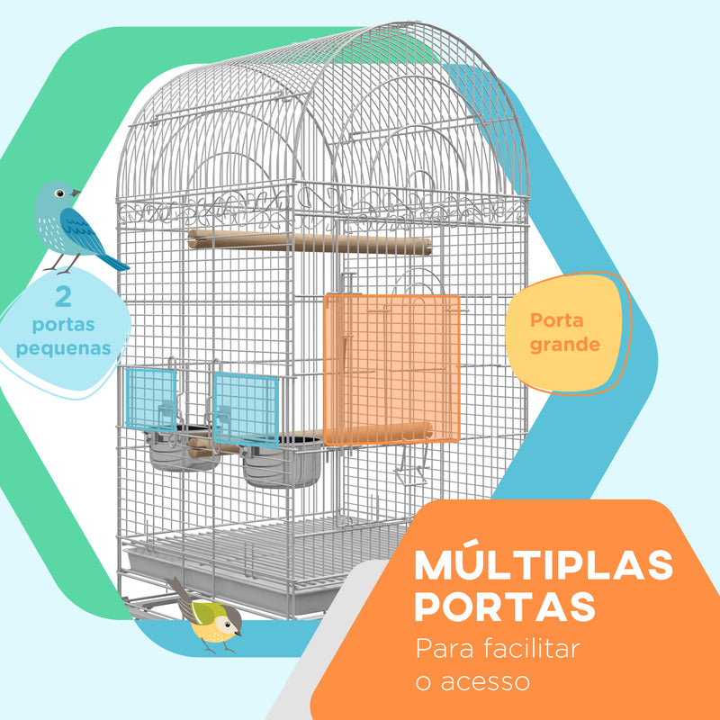 Gaiola para Pássaros com Rodas Gaiola para Pássaros com Bandeja Amovível Prateleira e 2 Comedouros de Aço Inoxidável e Poleiro para Periquitos Canários 51x51x153 cm Branco