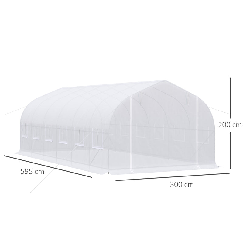 Estufa de Túnel 595x300x200cm Estufa de Jardim Grande com 12 Janelas e Porta Enrolável com Zíper para Cultivo de Plantas Branco