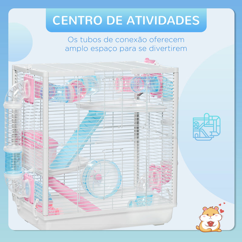 Gaiola para Hamster com Tubos de Túnel 47x29,5x53 cm Casa para hamster com 2 Portas Bandeja Comedouro Casa 2 Rampas e Roda de Exercícios Branco