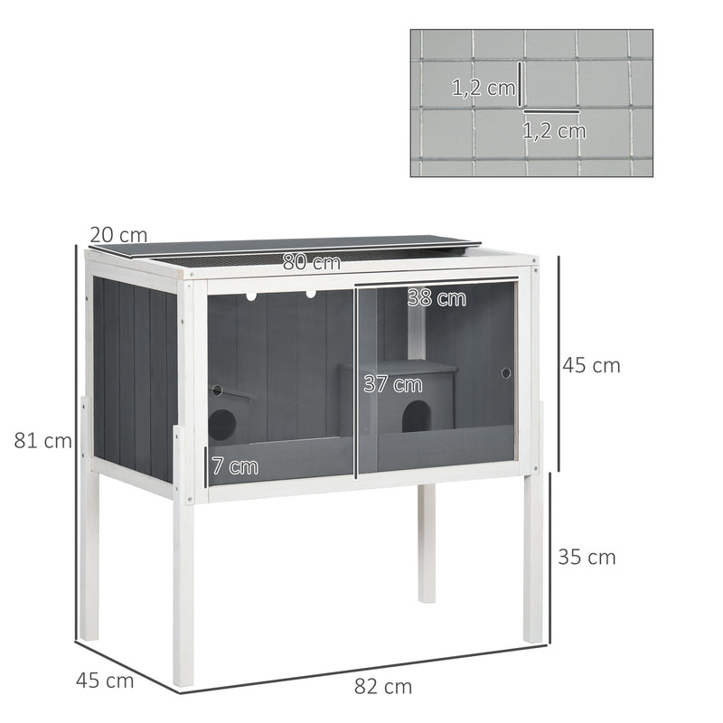 Gaiola para Hamster de Madeira 82x45x81cm Casa para Roedores com 2 Portas de Acrílico Prateleira Amovível 2 Casas para Animais Pequenos Cinza e Branco