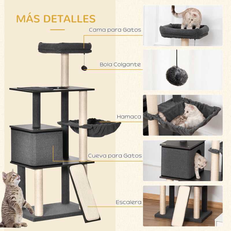 Árvore para Gatos Grande Altura 146cm com Plataformas Caverna de Feltro Removível Postes Arranhadores de Sisal Rede Almofadas Laváveis Rampa e Bola de Brinquedo 60x40x146cm Cinza Escuro