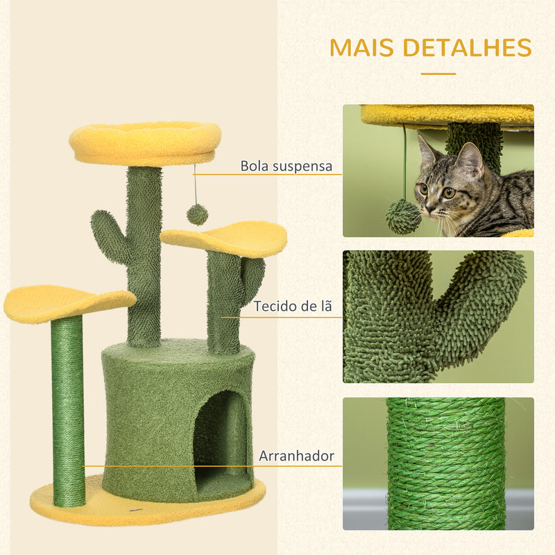 Árvore Arranhador para Gatos em Forma de Cacto Altura 83cm Torre para Gatos com Cama Casa de Pelúcia Plataformas Postes de Sisal e Bolsa Suspensa 54x39x83cm Amarelo e Verde