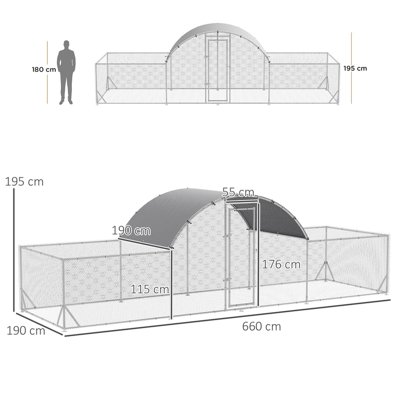 Galinheiro de Exterior de Aço Galvanizado 6,6x9x1,9m Gaiola para 12-14 Galinhas ao Ar Livre com 3 Ambientes Teto com Cobertura de Tecido e Cerca Prata